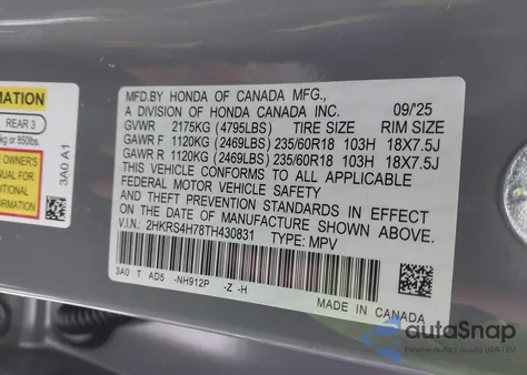 2026 Honda Cr-V Ex-L Awd from USA, damaged, VIN 2HKRS4H78TH430831